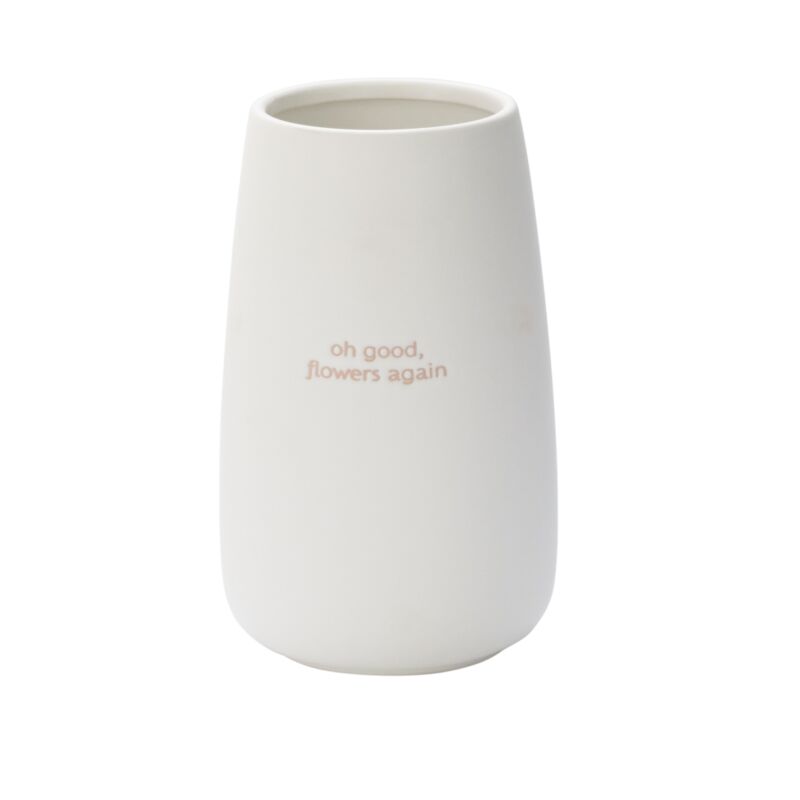 White flower vase with Oh Good, Flowers Again on the side. Perfect gift for a birthday or Mother's Day Atlanta flower delivery