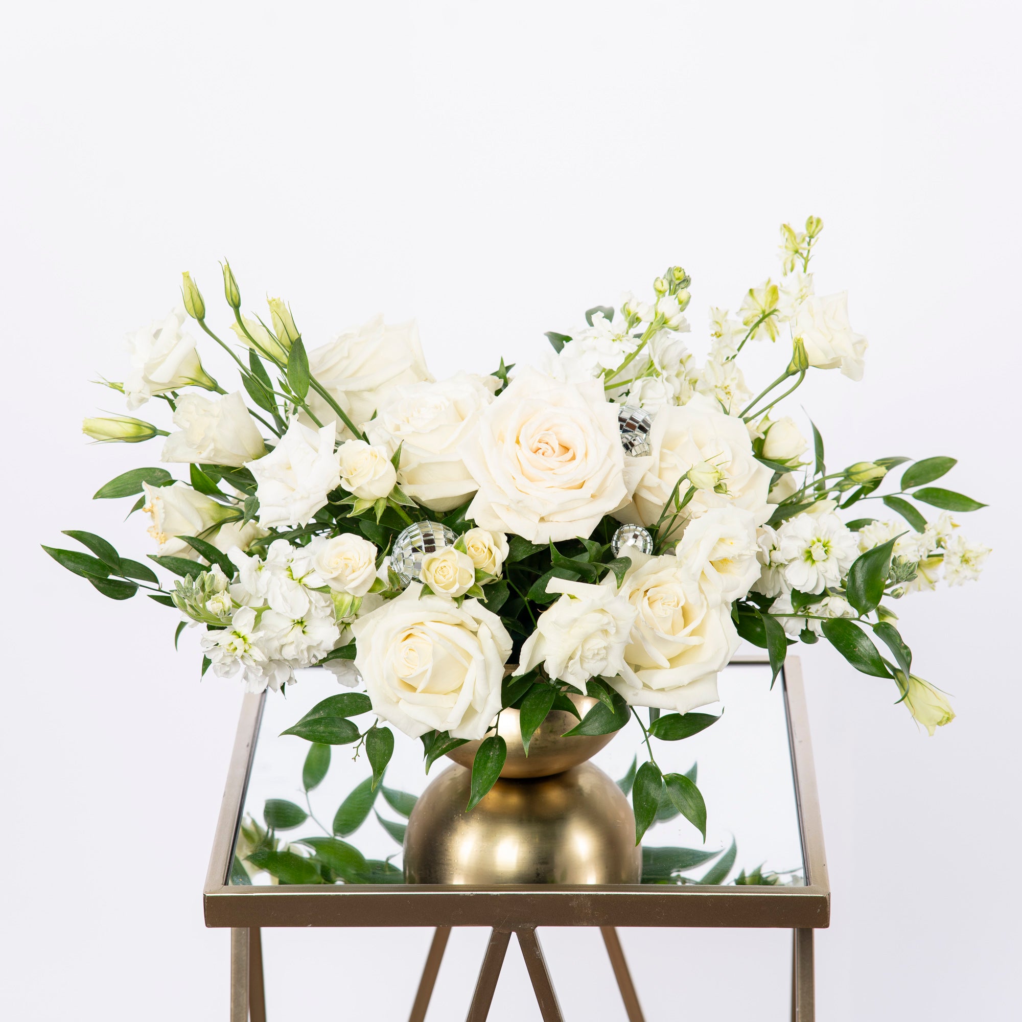 Ivory Dream Bouquet Anniversary or birthday floral arrangement with disco balls and vase. Atlanta flower delivery.